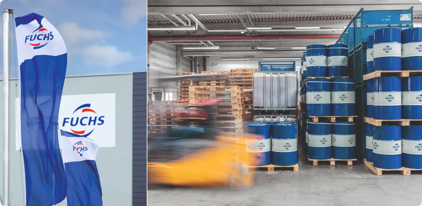 FUCHS company building and an industrial warehouse interior.
